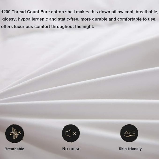 achard Set of 2 White Goose Feather Bed Pillows Queen Size- Soft 100% Cotton, Medium Soft Support Surround Fill Polyester,White Solid
