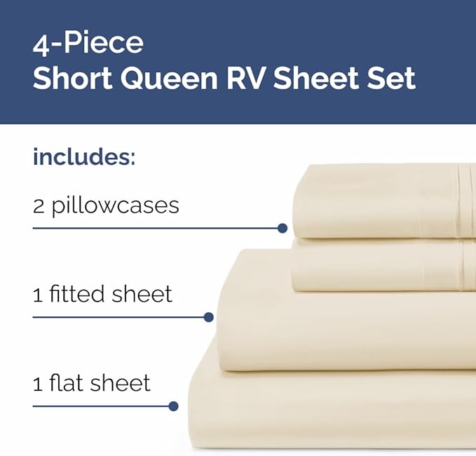 Short Queen Size 4 Piece Sheet Set - RV Short Queen, Ultra-Soft, Breathable & Cooling Bed Sheets Set with Deep Pockets - Hotel Luxury Bedding for Women & Men - Wrinkle Free & Fade Resistant - Wheat