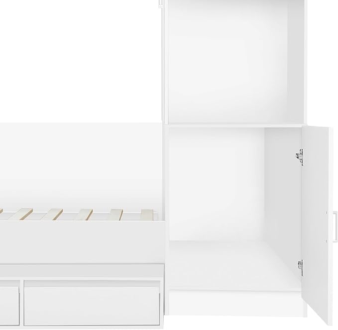 SOFTSEA Full Size Daybed with Wardrobe, L-Shaped Desk, 6 Drawers & USB Ports, Wooden Platform Bed with Open Shelves & Under Bed Storage, Space-Saving Corner Bed for Kids Teens, White