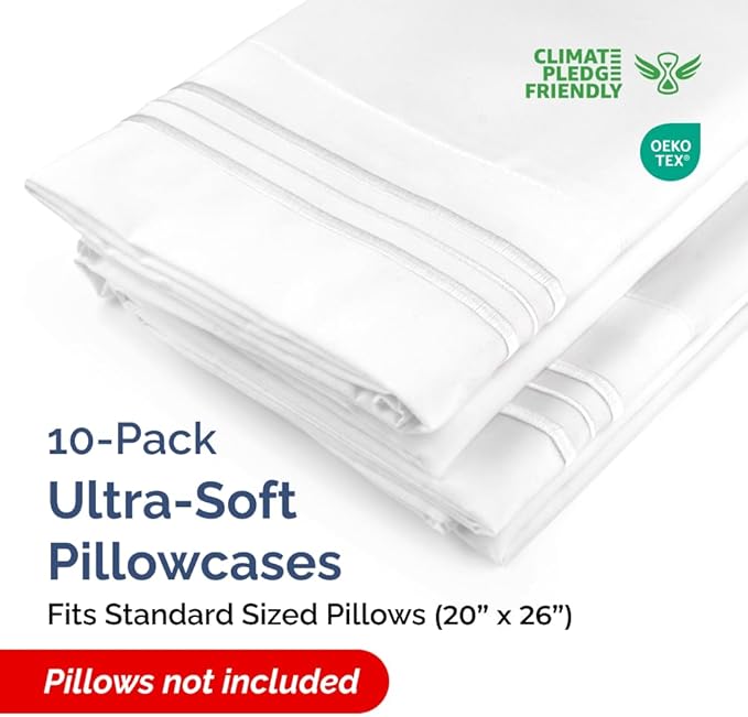 Standard Pillow Cases Set of 10 - Ultra Soft Hotel Quality Pillowcase Covers - Comfy, Cozy & Wrinkle Free - Shrink, Stain and Fade Resistant - Machine Washable Pillow Protectors - 10 Pcs Set - White