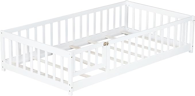 Bellemave Twin Floor Bed with Slats and Door, Twin Size Montessori Floor Bed with Fence and Door, Easy Assemble Montessori Beds Frame for Girls, Boys, White