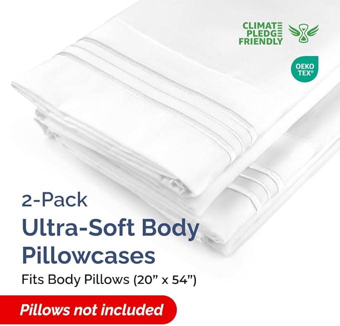 Body Pillowcases Set of 2-20x54 Long Body Pillow Case - Soft Body Pillow Cover for Sleeping & Side Sleepers - Comfy, Breathable, Wrinkle & Fade Free - Machine Washable w/Envelope Enclosure (White)