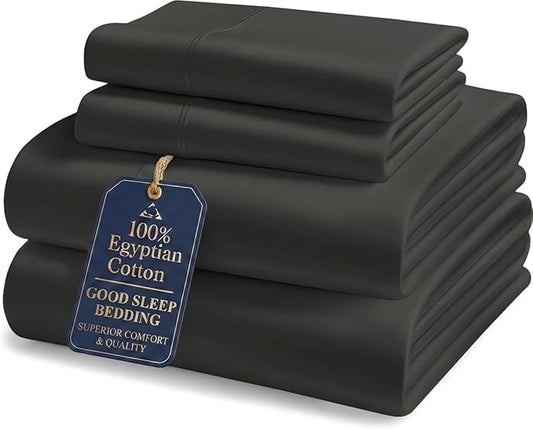Good Sleep Bedding 100% Egyptian Cotton King Size Bed Sheets, 4 Piece Silky Sateen Weave King Sheets, Ultra-Soft & Durable Hotel Luxury, 16 Inch Deep Pocket King Sheet Set - Black
