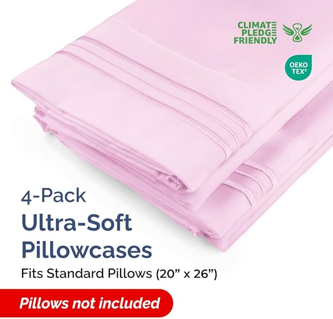 Standard Pillow Cases Set of 4 - Ultra Soft Hotel Quality Pillowcase Covers - Comfy Bedding for Women, Men, Kids & Teens - Machine Washable Pillow Protectors - 4 Piece Set - Standard Size Light Pink