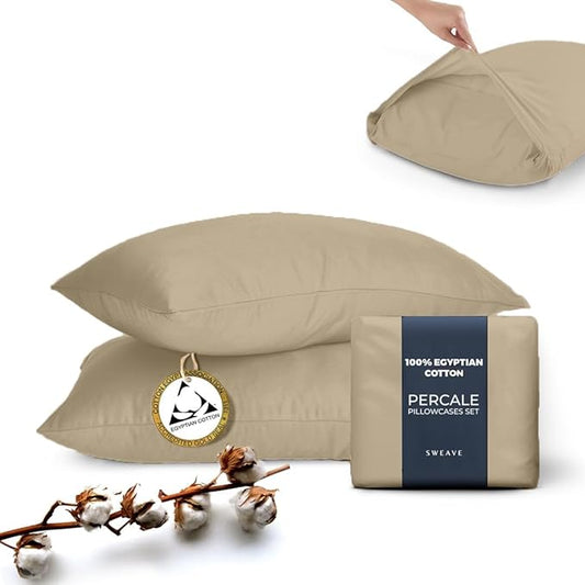 100% Egyptian Cotton Percale Pillow Cases Set - Luxurious 400 Thread Count, Breathable & Skin-Friendly Percale Pillow Cases - Softer After Each Wash - Oeko-TEX Certified