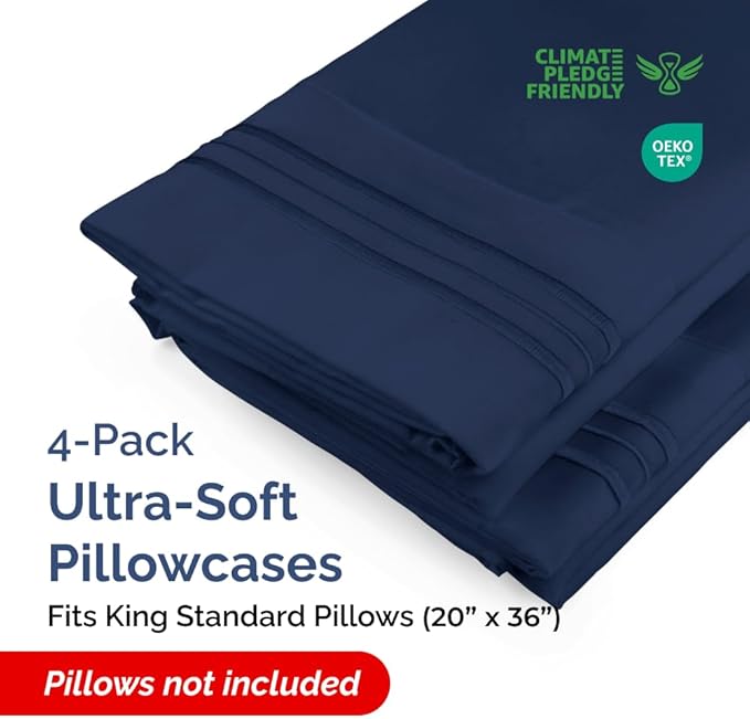 King Standard Pillow Cases Set of 4 - Soft Hotel Quality Pillowcase Covers - Comfy Bedding for Women, Men, Kids & Teens - Machine Washable Pillow Protectors - 4 Piece - King Standard Size Navy Blue