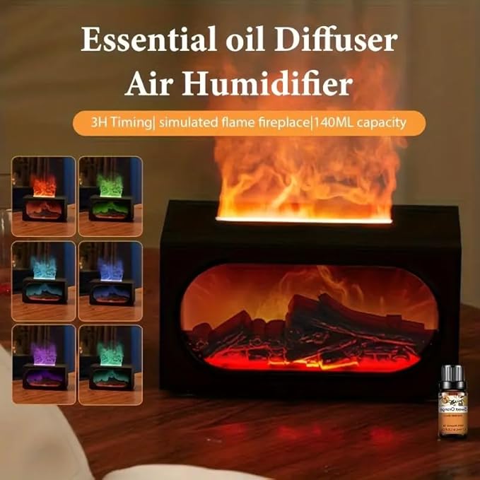 Fireplace Flame Air Diffuser Humidifier, Essential Oil Diffuser for Home, 140ML Ultrasonic Cool Mist Humidifier with Control and 7 Colors Light, 3D Fireplace-Style Humidifier for Home, Room, Auto-Off