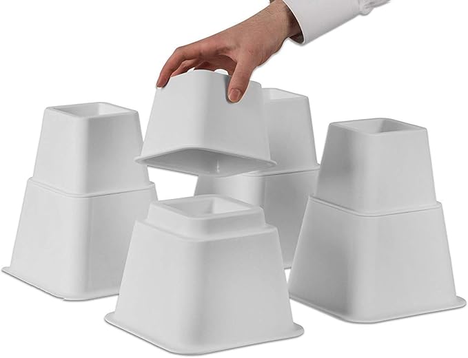 HOME IT Adjustable Bed Risers - Elevation in 3, 5 or 8 Inch - Heavy Duty Stackable Furniture Risers Supports 1,300 lbs - for Under-Bed Storage, College Dorms, Table and Couch, 4 Pack White