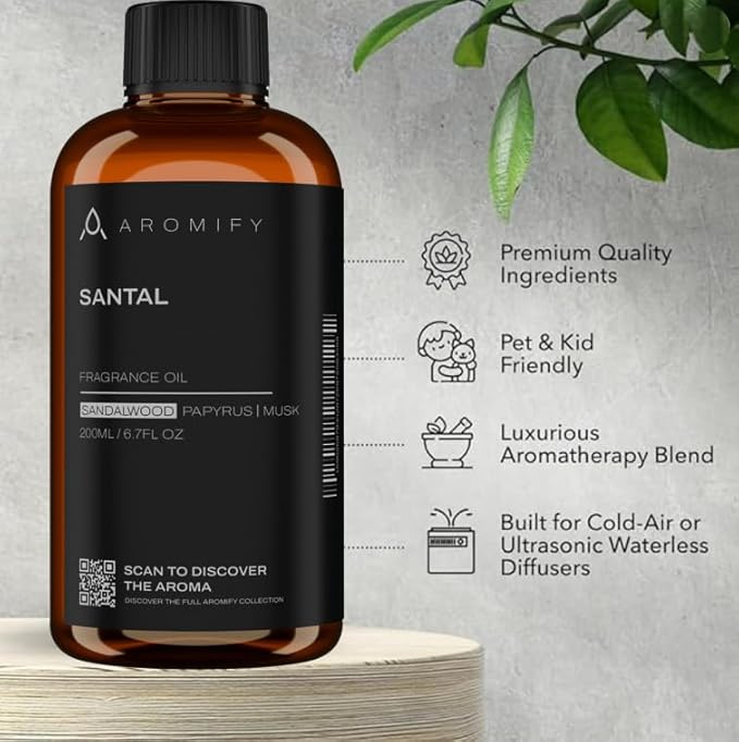 Santal Diffuser Oil, 6.7 FL Oz, 200 mL Diffuser Fragrance Oil for Home, Bathroom & Office, Aromatherapy Blend of Natural Essential Oil, Sandalwood & Musk Scent.