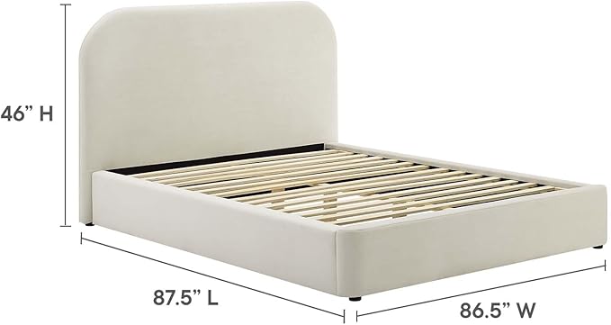 Modway Keynote Modern King Size Bed Frame with Curve Shaped Headboard in Alabaster, Upholstered Performance Velvet King Platform Bed, Soft Cloud Bed Frame, No Box Spring Needed