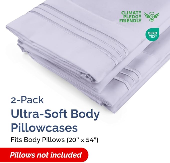 Body Pillowcases Set of 2-20x54 Long Body Pillow Case - Soft Body Pillow Cover for Sleeping & Side Sleepers - Comfy, Wrinkle & Fade Free - Machine Washable w/Envelope Enclosure Light Lavender