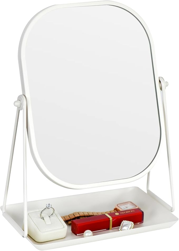 Tstarer Rotating Metal Makeup Mirror with Storage, Vanity Mirror for Desk, Bathroom, Bedroom, Dressing Table (White)