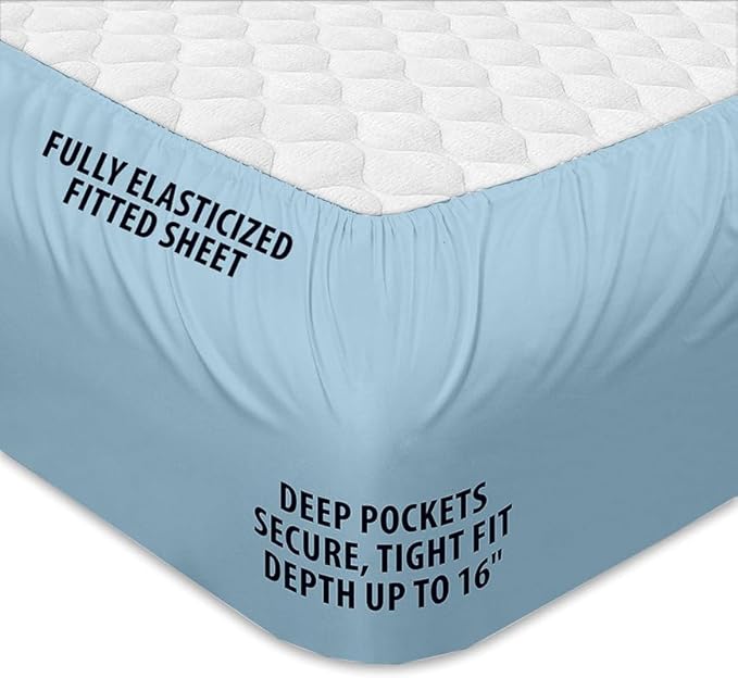Rajlinen Flex Top King Sheet Set for Adjustable Bed, Split Head King Sheets 34 Inch Split, 100% Cotton, Deep Pocket 16 Inch, Light Blue Solid