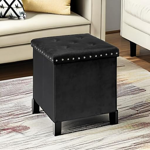 PINPLUS Black Folding Storage Ottoman Cube, Small Velvet Tuffed Foot Rest Stool with Rivet Design, Padded Seat for Living Room, Shoes Box Chest for Bedroom Vanity Area, 15.7inches