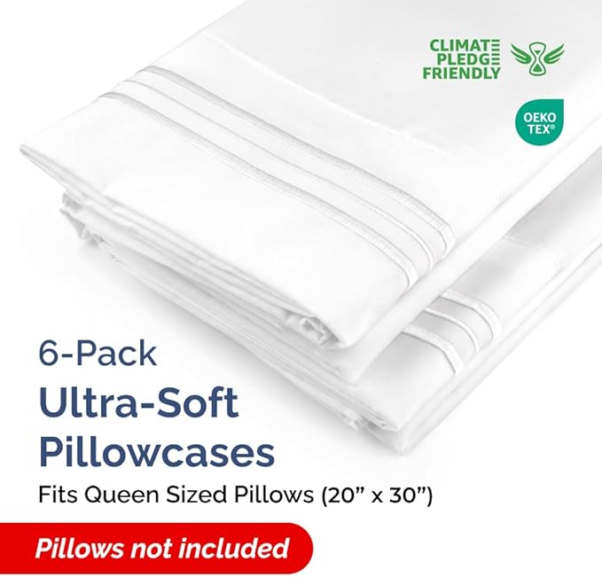 Queen Pillow Cases Set of 6 - Ultra Soft Hotel Quality Pillowcase Covers - Comfy & Wrinkle Free - Shrink, Stain & Fade Resistant - Easy-Care, Machine Washable Pillow Protectors - 6 Piece Set - White