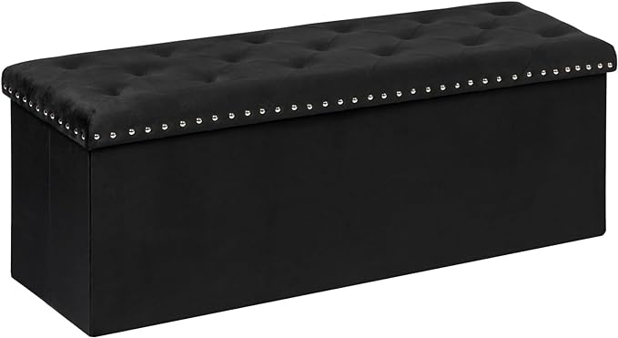 PINPLUS Black Storage Ottoman Bench for Bedroom, Folding Velvet Chest with Benches Foot Rest Stool, Large Long Shoes Chest for Bedroom, Living Room, 43.3"x15.7"x15.7"