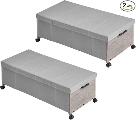 FOUCSSOMEI Under Bed Storage with Wheels, Bigger Size, Under Bed Drawers Heavy Duty, 2 Packs, Wooden Under Bed Storage Containers Organizer, Metal Frame, Patented Design