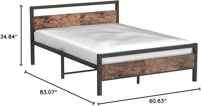 HOJINLINERO Queen Bed Frame with Headboard,Metal Platform Bed Frame Queen Size with Storage No Box Spring Needed,Heavy Duty Steel Slats,Bedframe Mattress Foundation,Black & Rustic Brown