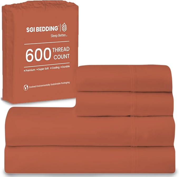 SGI bedding 100% Egyptian Cotton Sheets California King Size – 600 Thread Count Sheets Set, Soft, Cooling, 15" Deep Pocket, Luxury Hotel Bedding, Breathable, Durable - Terracotta
