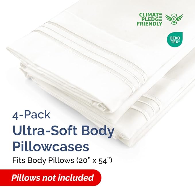 Body Pillowcases Set of 4-20x54 Long Body Pillow Case - Soft Body Pillow Cover for Sleeping & Side Sleepers - Comfy, Breathable & Fade Free - Machine Washable w/Envelope Enclosure - (Antique White)