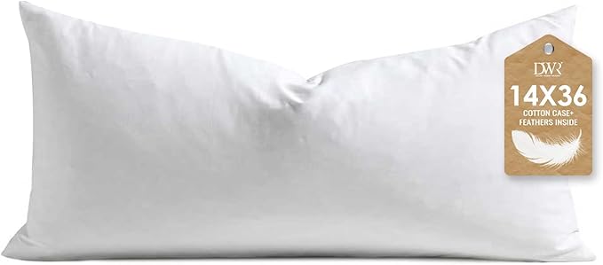 DWR Set of 1 Feather Down Throw Pillow Insert 14x36 with Organic Cotton Cover, Feather Rectangular White Decorative Pillow Inserts for Bed, Sofa, and Couch