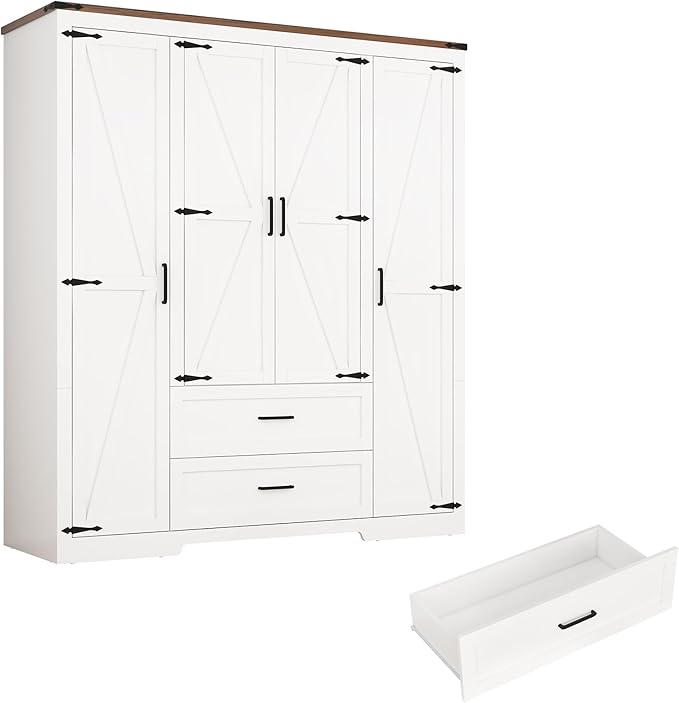 Hlivelood 4 Doors Wardrobe Armoire Closet with Doors and Drawers, Farmhouse Wooden Armoire Storage Cabinet with Shelves & Hanging Rod for Bedroom, White