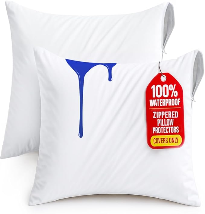 Utopia Bedding Waterproof Throw Pillow Protectors (No Pillow Inserts) with Zipper 18 x 18 Inches (2 Pack, White), Bed Bug Proof Outdoor Bed Couch Decorative Pillow Encasement Covers