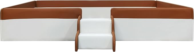 Merax Twin Size Kids Floor Bed, Upholstered Kids Daybed Frame with Fence and Stairs, Wood Bed for Living Room, White+Brown