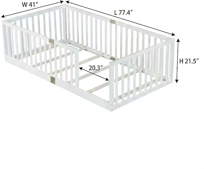 Bellemave Twin Size Montessori Floor Bed with 21.5" High Rails, Rubber Wood Twin Floor Bed with Slats, White