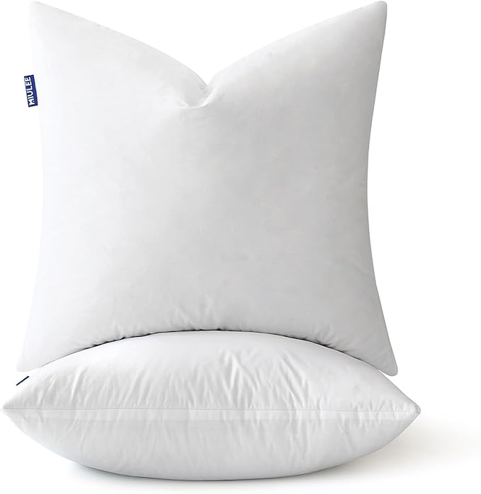 MIULEE 20 x 20 Goose Feather Down Pillows with 100% Cotton Cover, Set of 2 Soft Fluffy Decorative Pillow Inserts for Sofa Bed Couch Living Room White