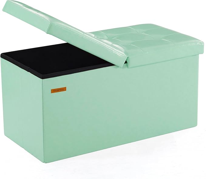 HAUSFRAU - 30 Inches Storage Ottoman Bench with Flipping Lid, Foldable Storage Chest Foot Rest for Living Room, Bedroom, Entryway, Load 660 lb, Synthetic Leather, Teal