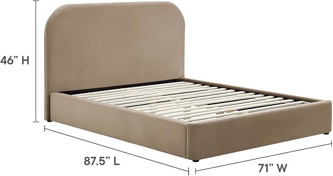 Modway Keynote Modern Queen Bed Frame with Curve Shaped Headboard in Taupe, Upholstered in Performance Velvet, Queen Size Platform Bedain-Resistant Velvet Bed, Soft Cloud Bed Frame