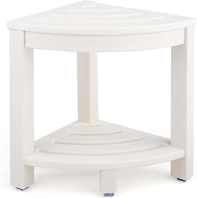 Apolimi HDPE Corner Shower Stool,Shower Bench Seat with Storage Shelf for Shaving Legs Plastic Spa Bath Step Foot Rest for Bathroom Small Place (White)