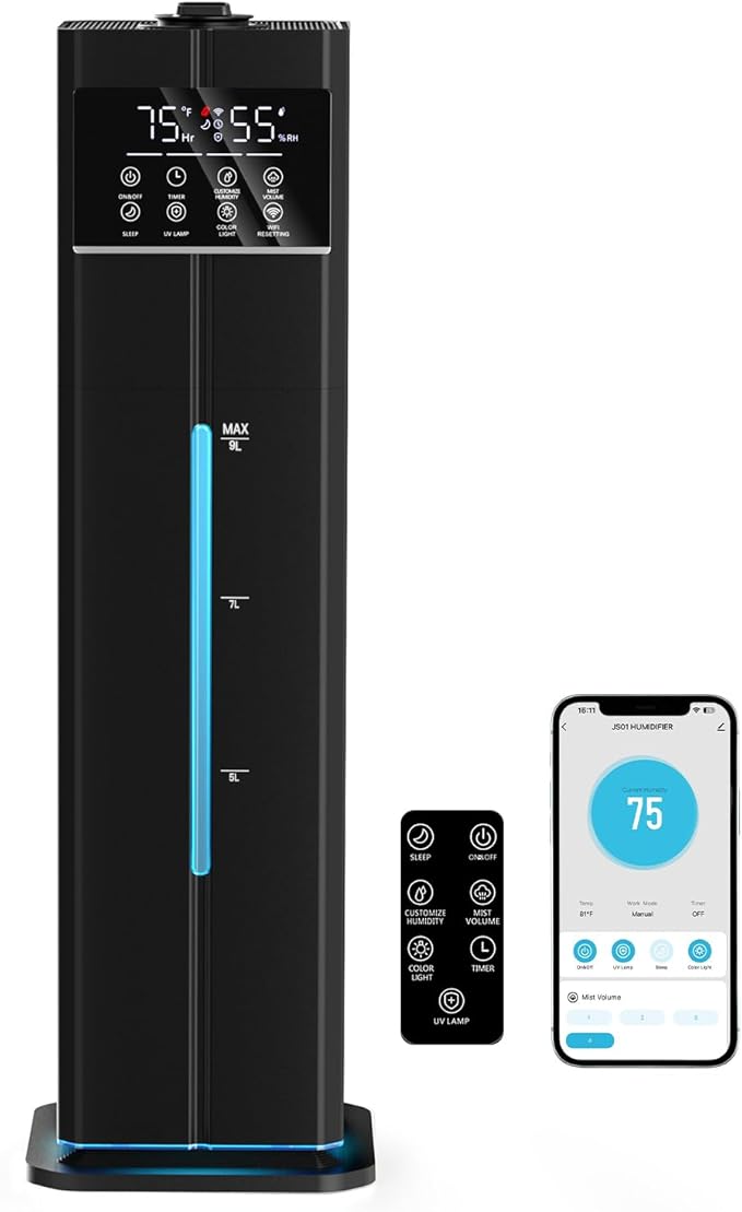 9L/2.4Gal Smart Cool Mist Humidifier, Top Fill Quiet Humidifier Large Room, Covers 550ft², App & Remote Control, 60H Runtime, 7 Colors Light, 4 Mist Modes Humidifiers for Bedroom, Office, Black