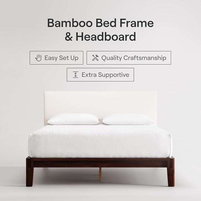 Nectar Bamboo Platform Bed Frame & Upholstered Headboard - King - Walnut/Linen - Floating Center Support Legs - 12” Height - Easy Tool Free Set Up - Sturdy Wooden Slats - Holds Up To 800 lbs