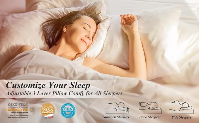 Three Geese Adjustable Layer Goose Feather Pillow,Assemblable Bed Pillow,100% Soft Organic Cotton Cover,Good for Side and Back Stomach Sleeper, Queen Size,Packaging Include 1 Pillow