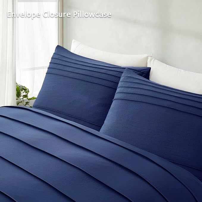Oli Anderson Navy Blue Duvet Cover King Size - Pleated King Duvet Cover, 3PCS Soft and Breathable Textured Bedding Set with Zipper Closure(Navy Blue,104"x90")