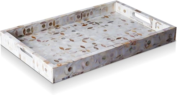 Handicrafts Home 17x11 Decorative Tray, Rectangular Ottoman Coffee Table Tray, Serving Tray, Gift Tray, Mother of Pearl Resin Inlay Wood Tray with Handles for Living Room Dining Centerpiece Display