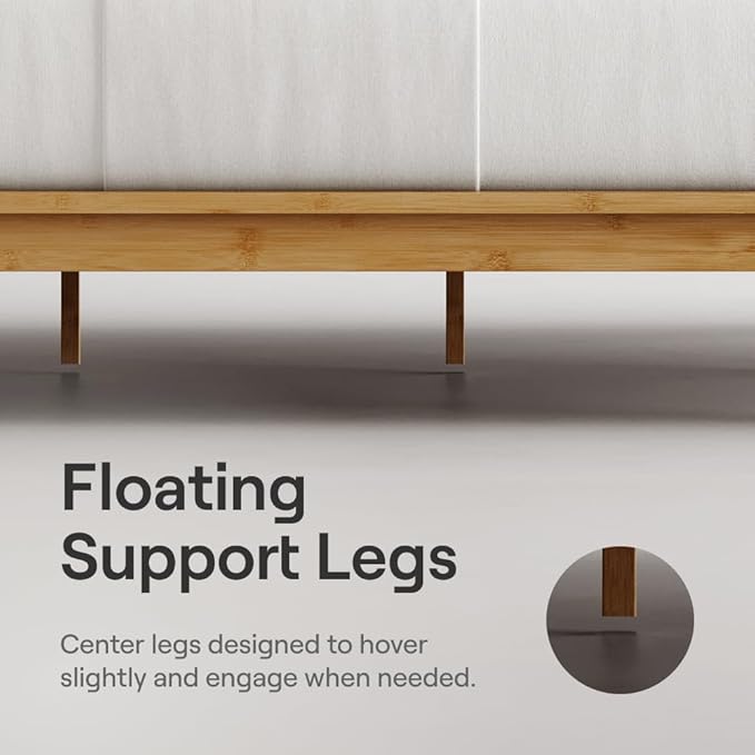 Nectar Bamboo Platform Bed Frame & Headboard - Natural - Queen - Floating Center Support Legs - 12” Height - Easy Tool Free Set Up - Contemporary - Sturdy Wooden Support Slats - Holds Up To 800 Pounds