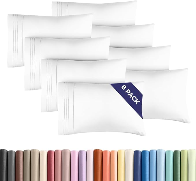 Standard Pillow Cases Set of 8 - Ultra Soft Hotel Quality Pillowcase Covers - Comfy, Cozy & Wrinkle Free - Shrink, Stain and Fade Resistant - Machine Washable Pillow Protectors - 8 Piece Set - White