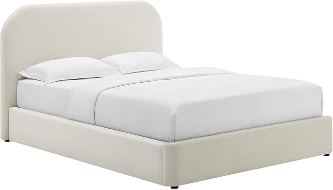 Modway Keynote Modern Queen Bed Frame with Curve Shaped Headboard in Alabaster, Upholstered in Performance Velvet, Queen Size Platform Bedain-Resistant Velvet Bed, Soft Cloud Bed Frame