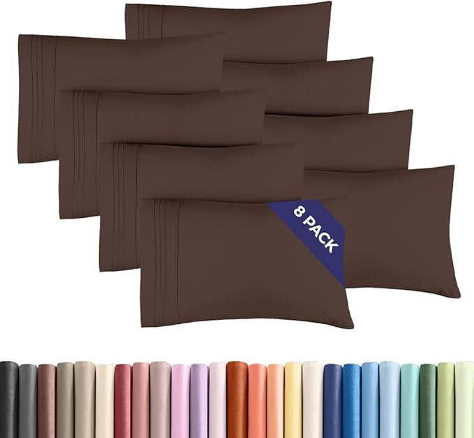 Standard Pillow Cases Set of 8 - Ultra Soft Hotel Quality Pillowcase Covers - Comfy, Cozy & Wrinkle Free - Shrink, Stain and Fade Resistant - Machine Washable Pillow Protectors - 8 Piece Set - Brown