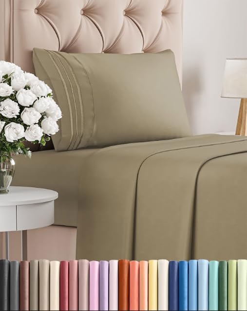 Twin Size 3 Piece Sheet Set - Comfy Breathable & Cooling Sheets - Hotel Luxury Bed Sheets for Women & Men - Deep Pockets, Easy-Fit, Extra Soft and Wrinkle Free Sheets - Khaki Oeko-Tex Bed Sheet Set