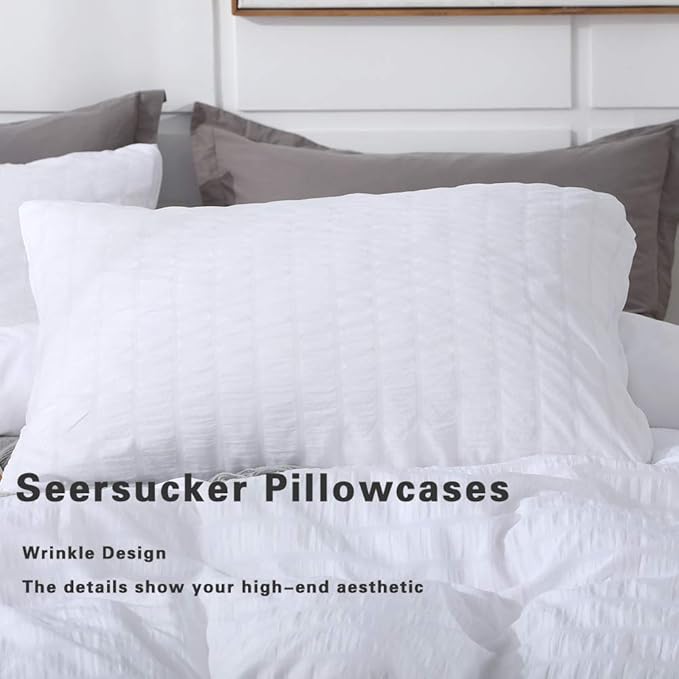 AveLom Seersucker Stripe Duvet Cover Full (80 x 90 Inches), 3 Pieces (1 Duvet Cover + 2 Pillow Cases) White Zipper Closure Corner Ties Soft Washed Microfiber Duvet Cover for Men,Women