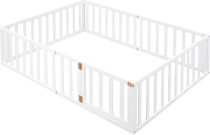 Bellemave Full Size Montessori Floor Bed with 21.7" High Rails, Pine,Plywood Floor Bed with Small Door, White