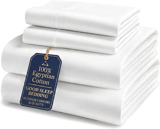 Good Sleep Bedding Full Size Bed Sheets, 4 Piece, 100% Egyptian Cotton Sheets Full Size Bed, Silky Sateen Weave, Ultra-Soft & Durable Hotel Sheets, 16" Deep Pocket Full Size Sheets Set - White
