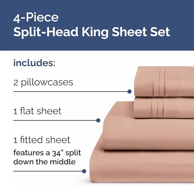 Flex Top Split Head King 4 Piece Sheet Set - Ultra-Soft, Breathable & Cooling Bed Sheets Set - Hotel Luxury Bedding for Women & Men with Deep Pockets - Wrinkle Free & Fade Resistant - Oeko-Tex - Mauve