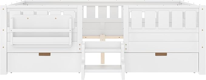 Bellemave Full Size Bed Frame with Storage Drawers & Bookshelf, Low Profile Kids Bed with Staircase & Full Length Guardrails, Solid Wood Full Size Bed Frame Kids with Slats Load 450 LBS, White