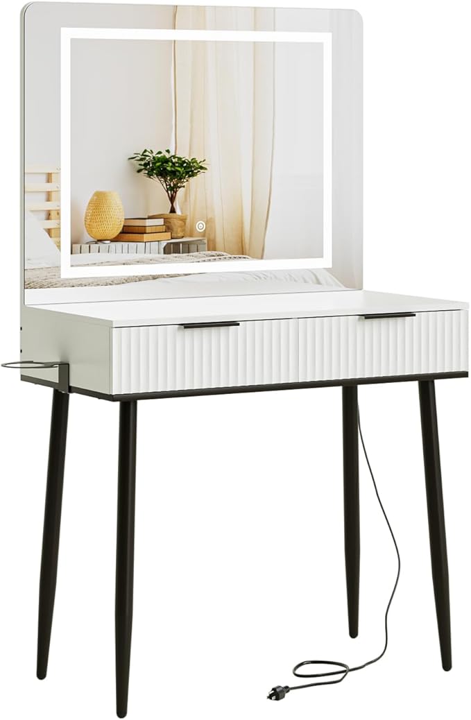 Vanity Desk with Large Mirror and Lights, Small Makeup Vanity Table with 2 Drawers, Dressing Table with 3 Adjustable Lighting Color, Small Makeup Desk for Bedroom, White with Black Leg
