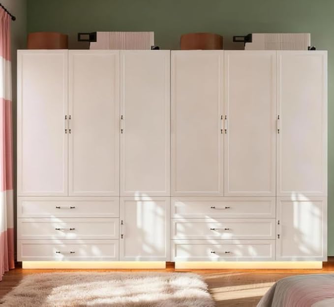 AXCITOC 72" Armoire Wardrobe Closet with 3 Door Wooden Bedroom Armoire with LED Light 3 Drawers Large Modern White Wardrobe Cabinet with Retro Ceramic Door Handles and Removable Hanging Rod
